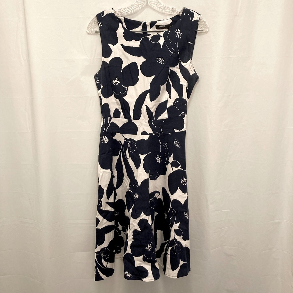 A-line dress, knee length, navy and white floral